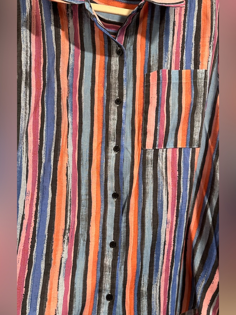 Daily Thread Multicolor Striped Button Down Top Ruched Tie Sleeves Rayon Blend L - Picture 7 of 14
